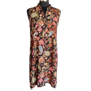 Cupio Dark Floral Paisley Sleeveless Long Line Top Button Up LG Boho Cottagecore